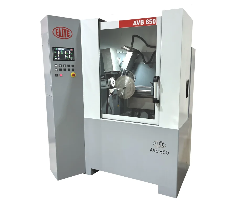 ELITE model AVB 850 automatic circular saw grinder with carbide teeth. It allows to sharpen all the geometries of the back and face of the teeth